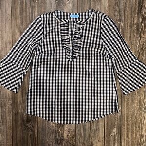 New Draper James Sample Black and White Gingham Ruffle Top Bell Sleeves Small